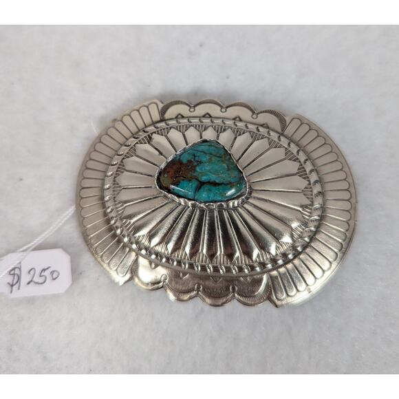 Belt buckle Sterling Silver Royston Turquoise Nev Oval,cast,oxidized,bezel set - Picture 9 of 10